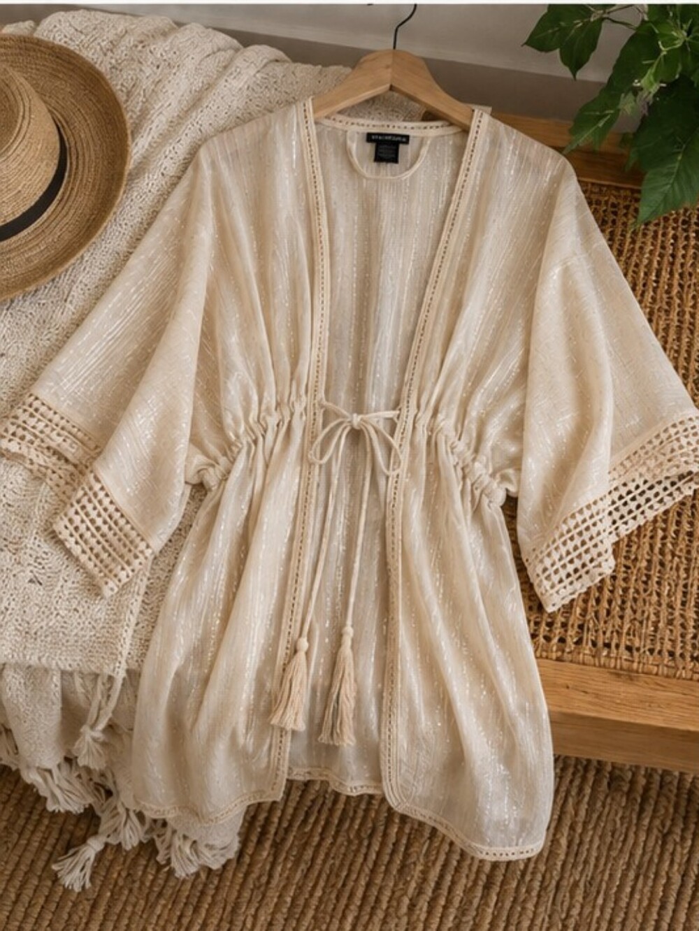Steve Madden Cream Metallic Stripe Kimono Cover Up One Size